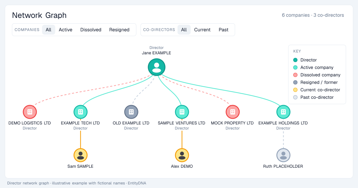Example director network graph: one director linked to active, dissolved and resigned companies, with co-directors below